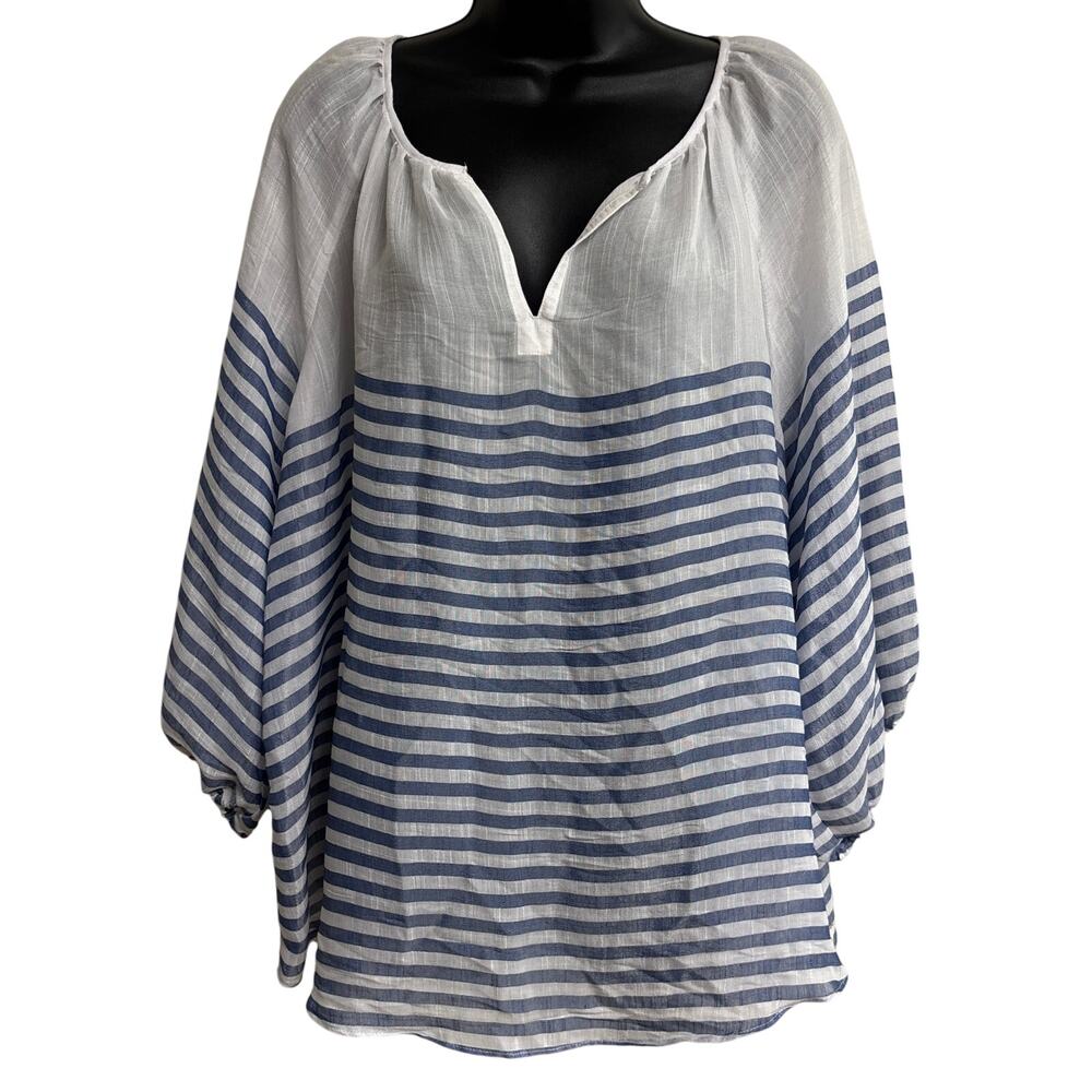 Zac & Rachel Woman Blue White Striped Peasant Blouse Tunic Top 1X New